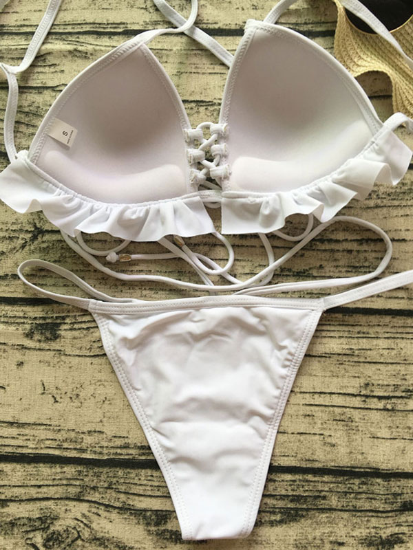 Women Bikini Swimsuit White Ruffles Strappy Lace Up Two Piece Swimwear ...
