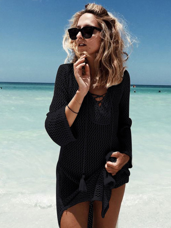 Mode Femme Maillot de Bain Femmes | Femmes Cover Up Crochet col V à manches longues Tassel Beachwear blanc - MS23862