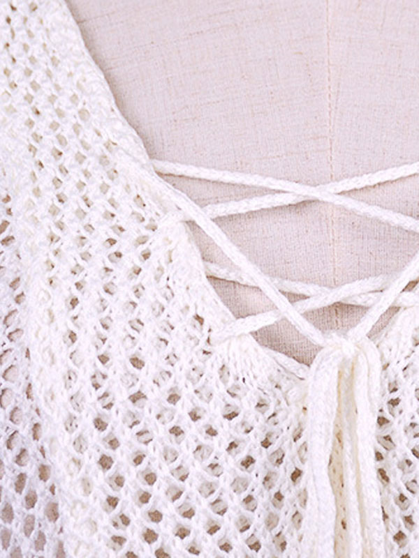 Mode Femme Maillot de Bain Femmes | Femmes Cover Up Crochet col V à manches longues Tassel Beachwear blanc - MS23862