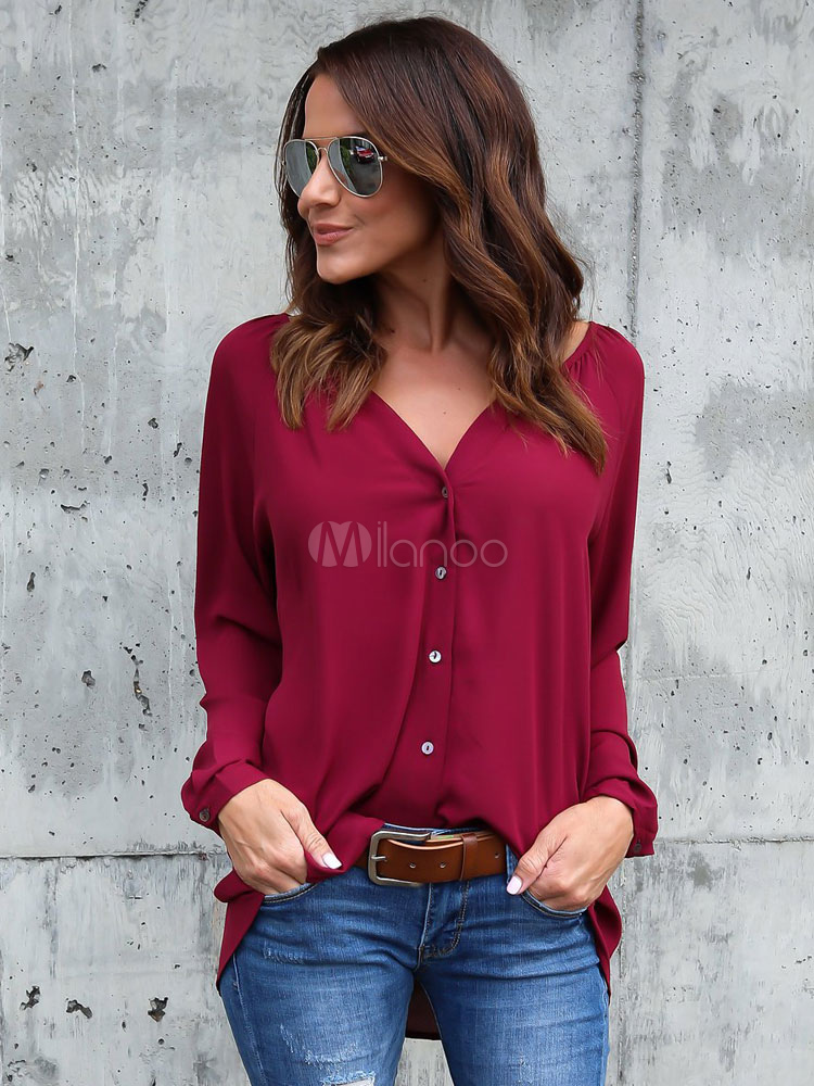 Blusa de chifón con cuello en con Color liso con estilo moderno - Milanoo.com