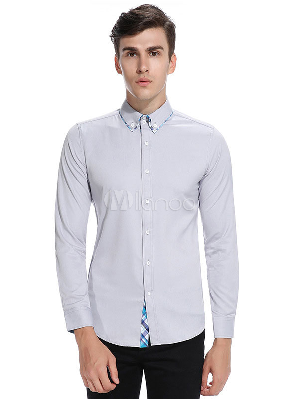 Men Casual Shirt White Turndown Collar Long Sleeve Slim Fit Shirt ...