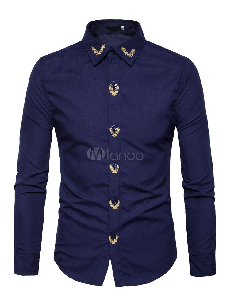 メンズシャツ シック モダン パーティー 折り襟 刺繍 綿混紡 長袖 アートワーク Milanoo Jp