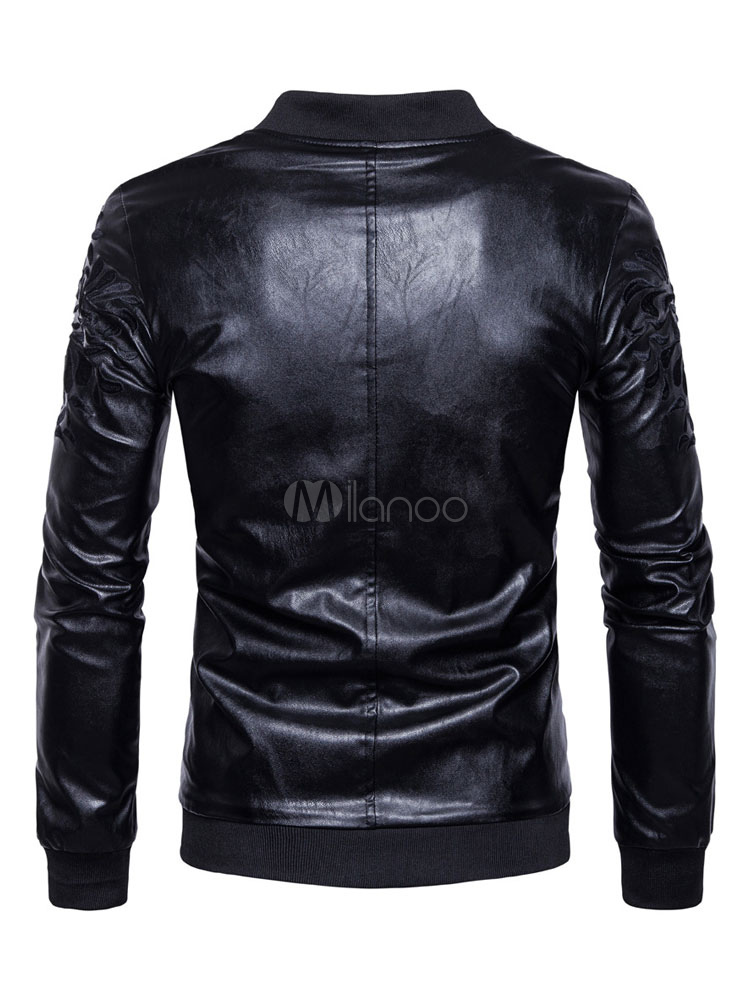 Black Leather Jacket Men Jacket Stand Collar Long Sleeve Embroidered ...