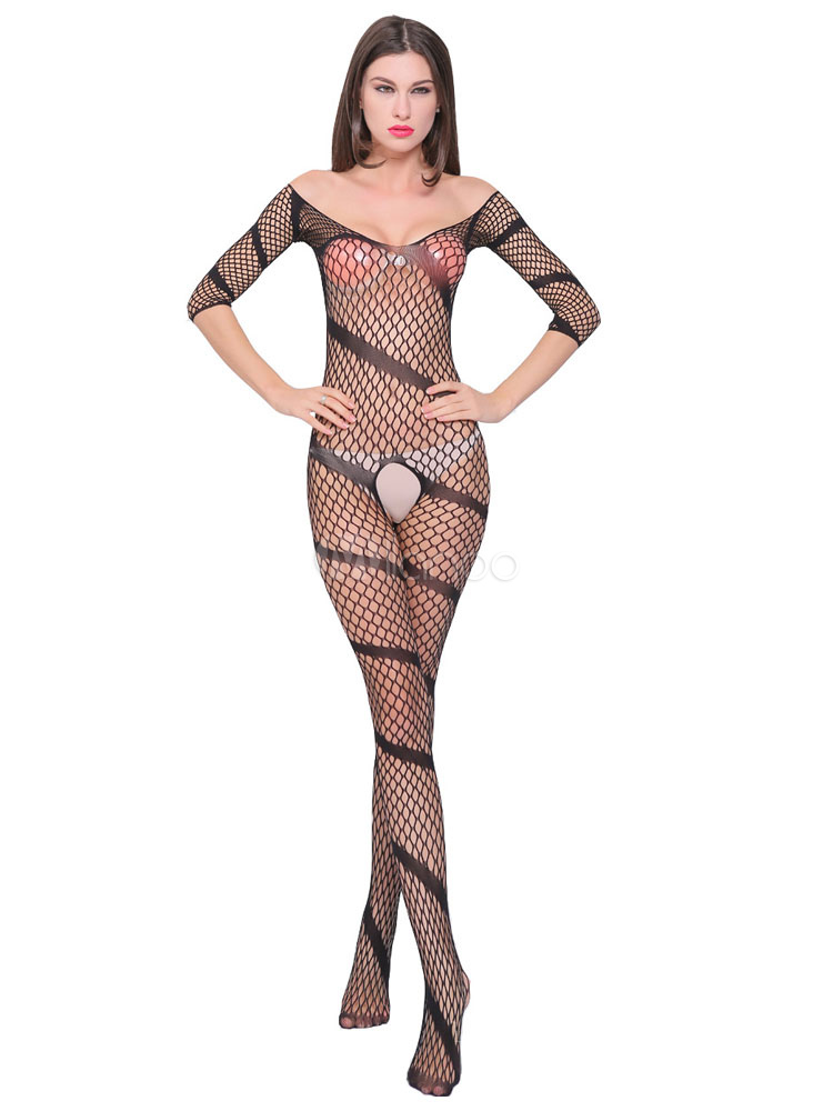 Women Black Bodystocking Fishnet Cut 