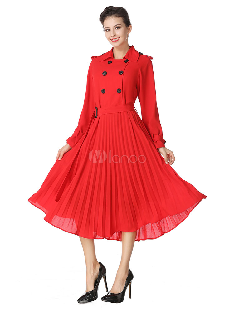 Vestito lungo rosso in chiffon con colletto maniche lunghe a pieghe cintura  monocolore doppiopetto donna - Milanoo.com