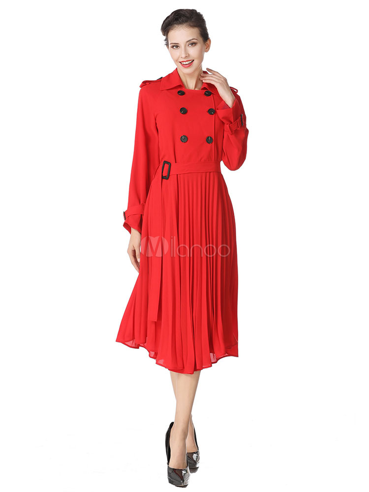 Maxi Trench Dress Women Chiffon Red Turndowwn Collar Long Sleeve Double