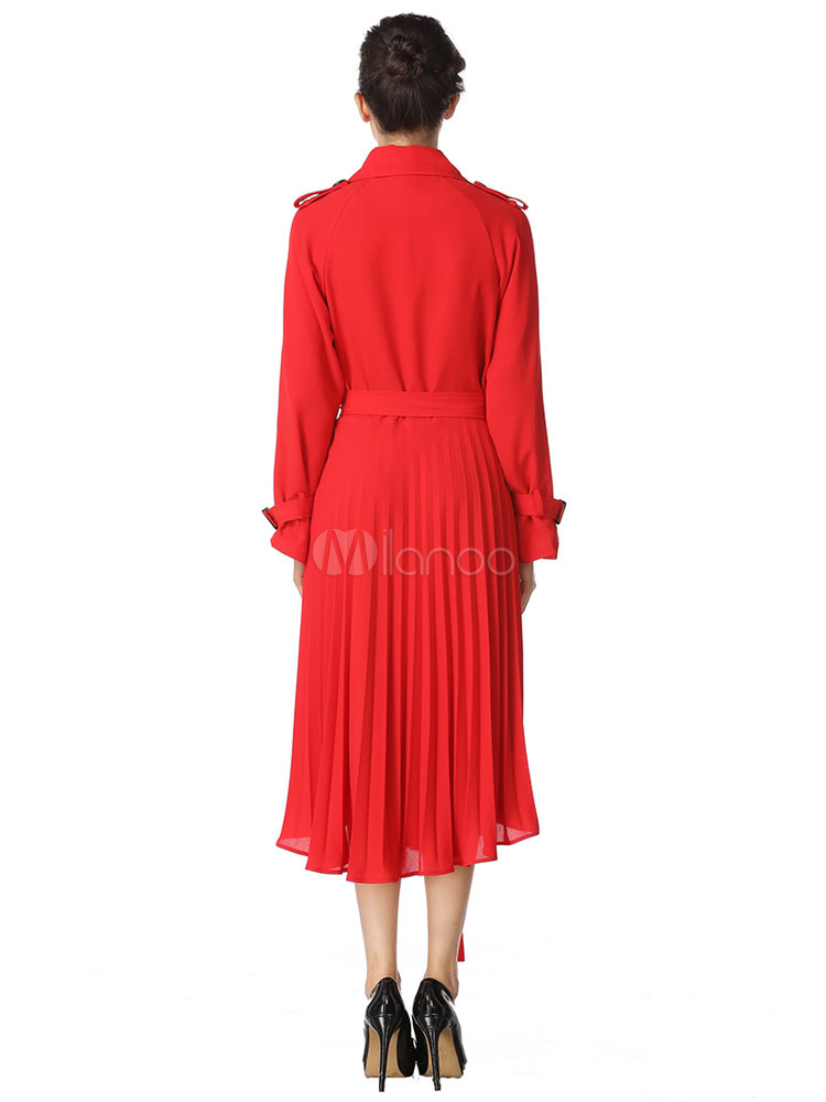 Maxi Trench Dress Women Chiffon Red Turndowwn Collar Long Sleeve Double ...