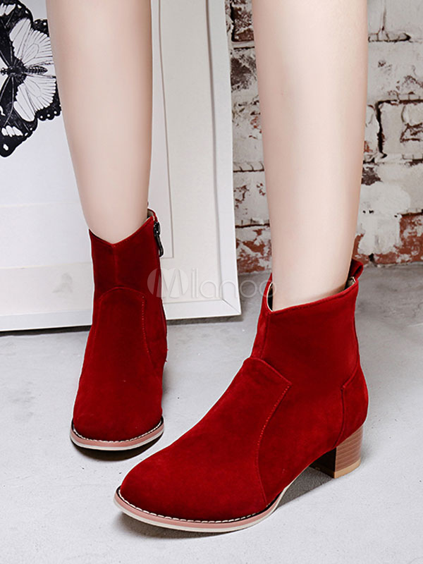 Red Ankle Boots Women Suede Booties Round Toe Zip Up Winter Boots ...