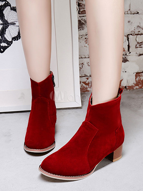 Red Ankle Boots Women Suede Booties Round Toe Zip Up Winter Boots 