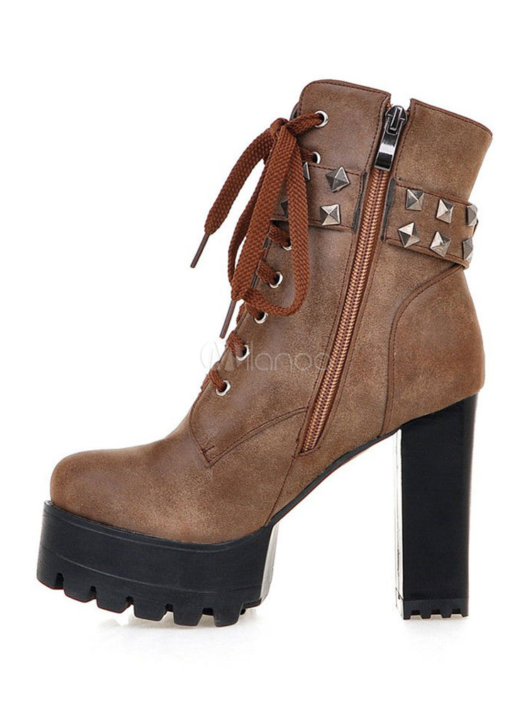 Women Leather Ankle Boots Round Toe Chunky Heel Lace Up Light Brown Rivets Platform Winter 7814