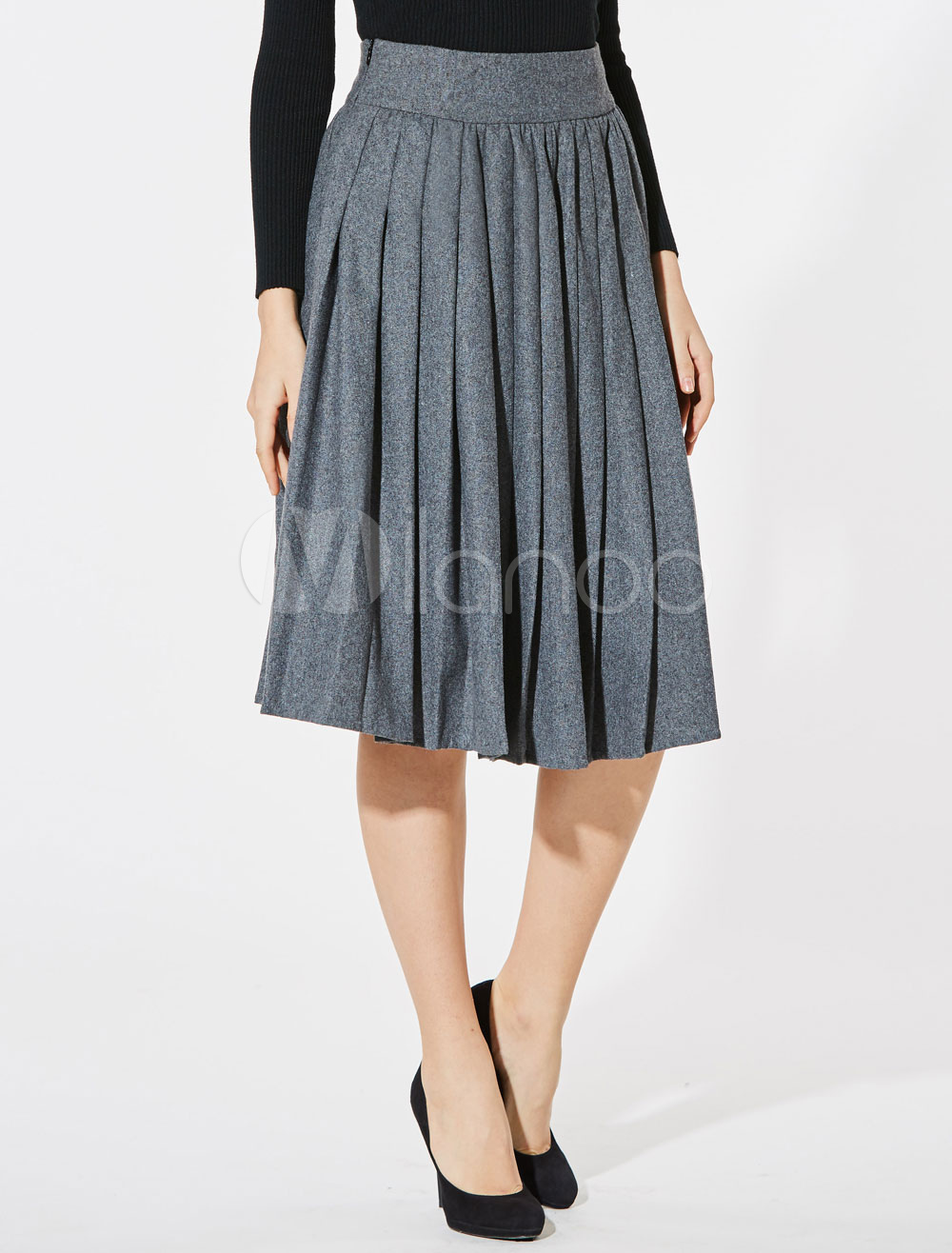 Women Pleated Skirt Grey Midi Skirts - Milanoo.com