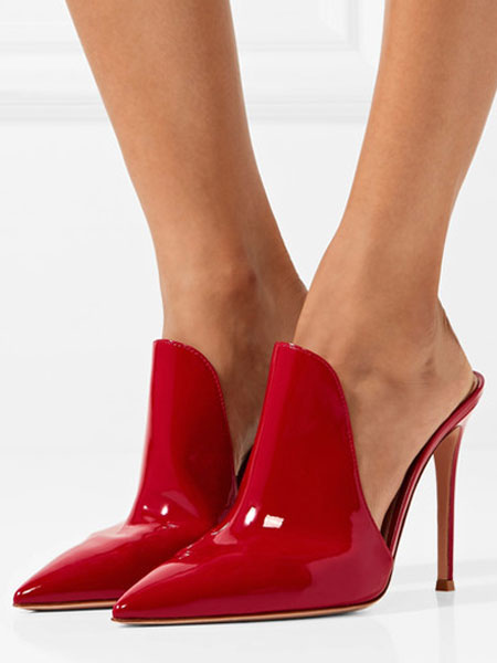 red heeled mules