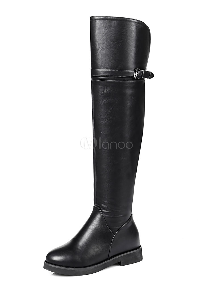 Stivali sopra al ginocchio neri bottoni in pelle chic \u0026 moderni stivali  tacco largo monocolore facile da indossari con Tubo Al ginocchio(35-49cm) -  Milanoo.com
