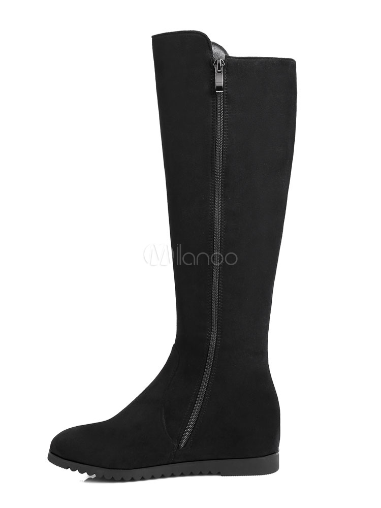 Black Knee High Boots Women Suede Shoes Round Toe Zip Up Flat Boots ...