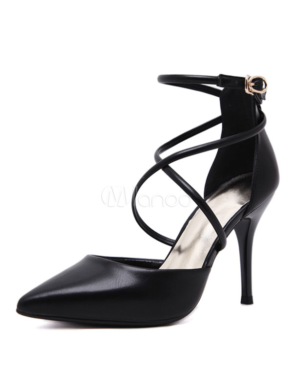 Black High Heels Women Shoes Pointed Toe Criss Cross Ankle Strap Heels