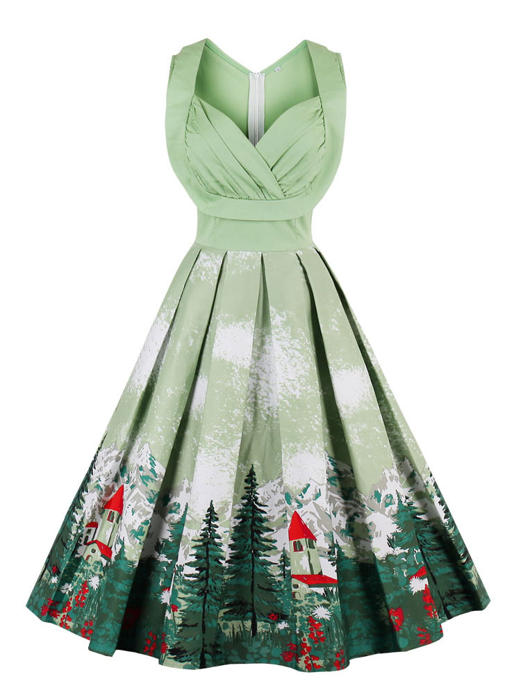 Fascinante robe vintage verte rétro motif de noël plissée encolure en coeur croisé avant de Noël