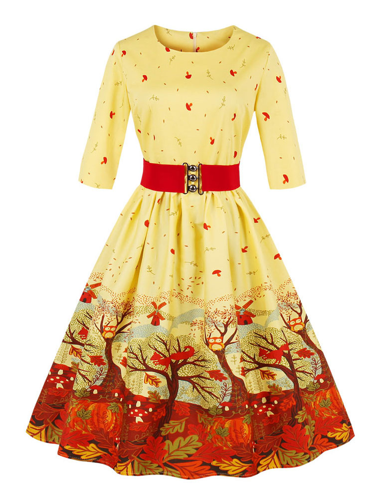 Robe subtile vintage longueur genou rétro jaune motif de noël avec ceinture col rond 