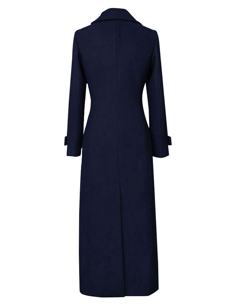 Women Wool Coat Long Sleeve Notch Collar Deep Blue Winter Dress Coats ...