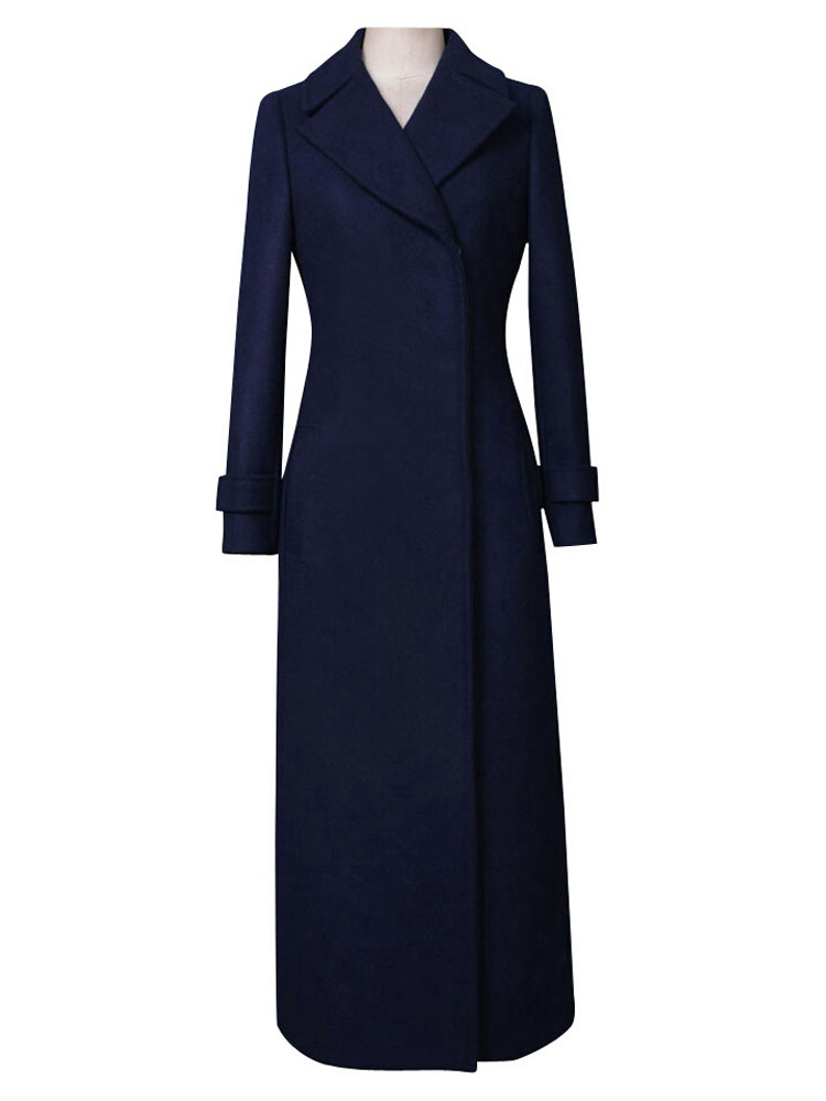 Women Wool Coat Long Sleeve Notch Collar Deep Blue Winter Dress Coats ...
