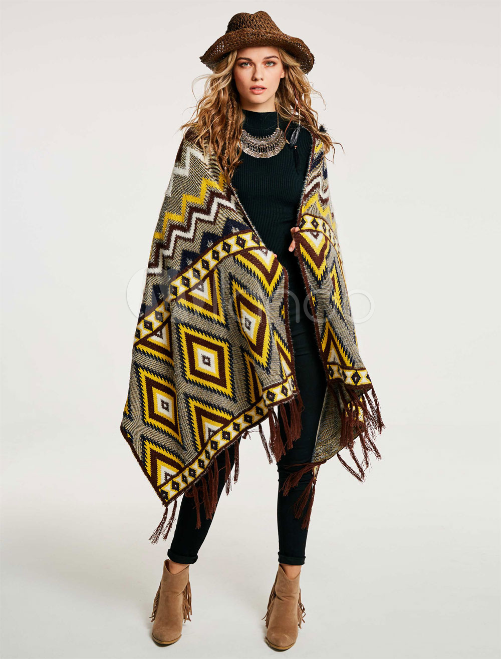Women Poncho Wool Fringe Yellow Quilted Knit Ponchos - Milanoo.com