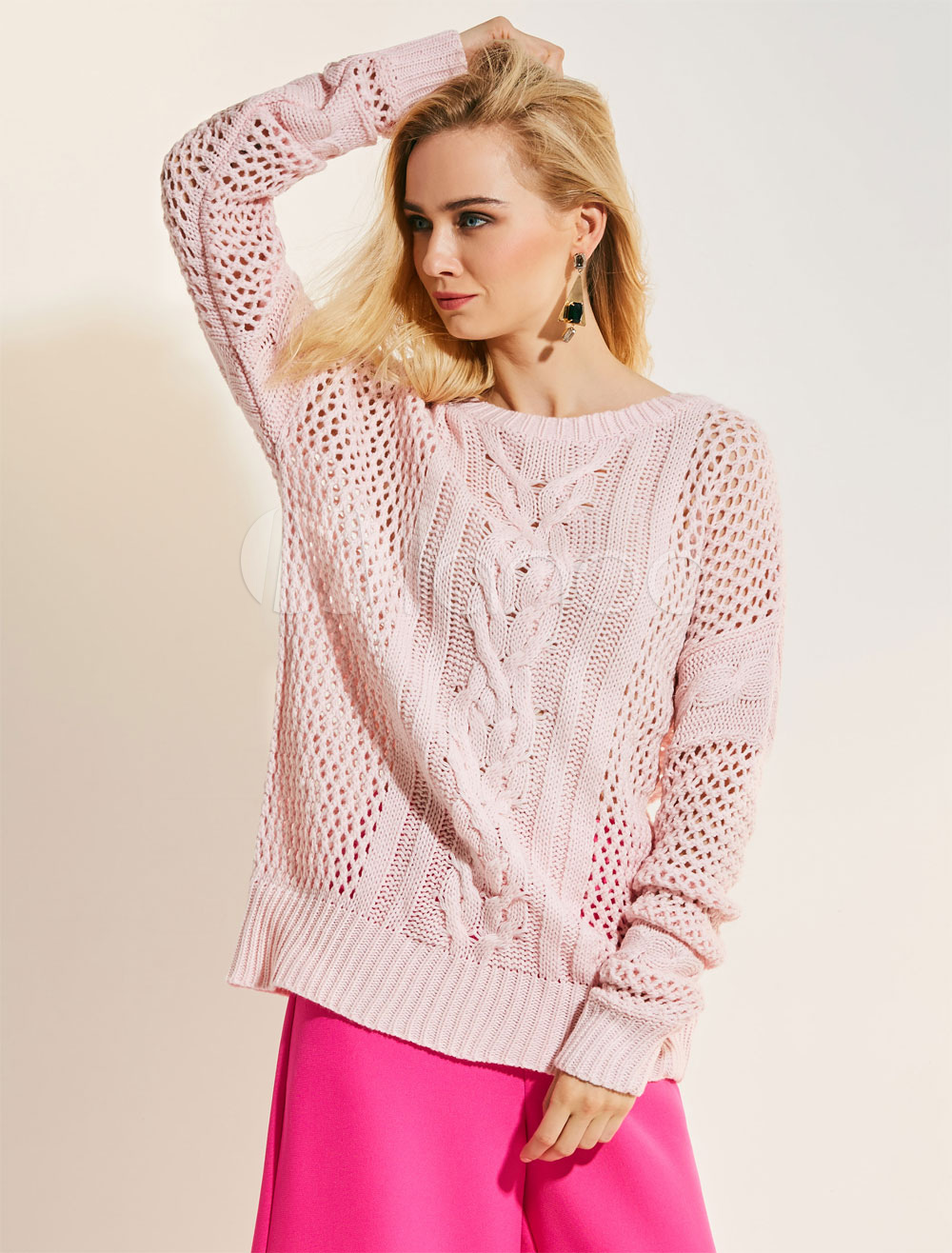 Women Wool Sweater Pink Round Neck Long Sleeve Cut Out Knit Top ...