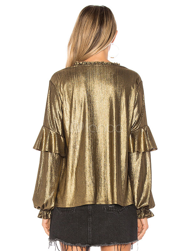 Women Gold Blouse V Neck Metallic Ruffle Shirred Long Sleeve Women Top ...