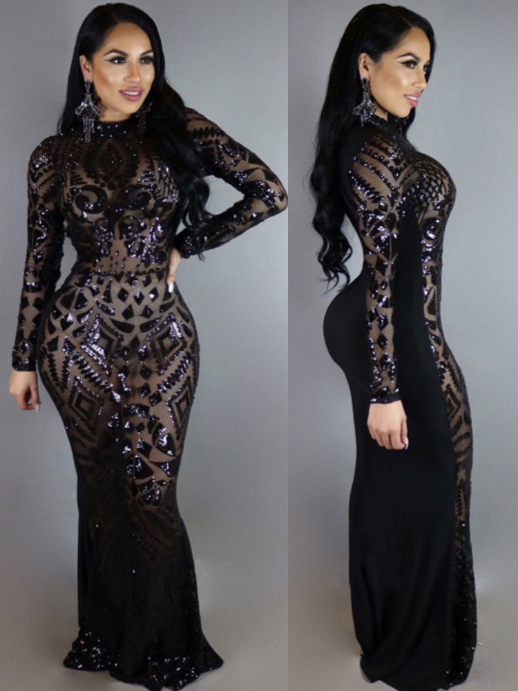 Women's Clothing Dresses | Black Club Maxi Dress Sequins High Collar Long Sleeve Formal Dresses For Women - WQ43465