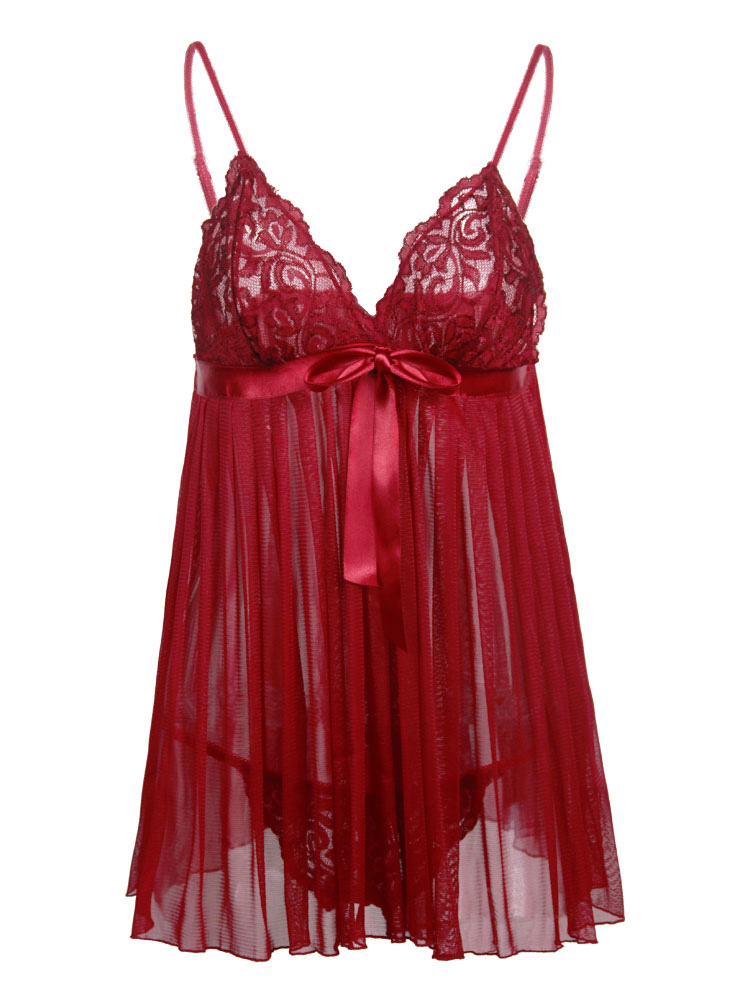 Burgundy Women Babydoll Lace Bow Semi Sheer Pleated 2 Piece Bedroom ...