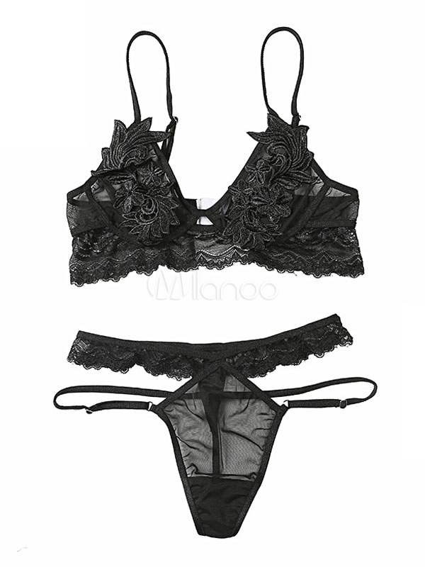 Tulle Bra Set Embroidered Applique Semi Sheer Black Women Bra With ...