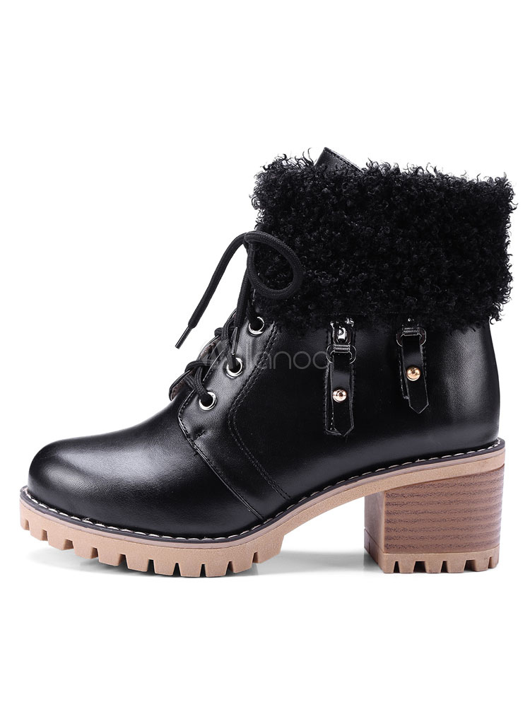 White Ankle Boots Women Chunky Heel Round Toe Lace Up Winter Booties ...