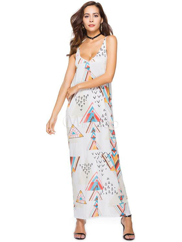 Vestido largo de poliéster blanco con cuello en V con dibujo