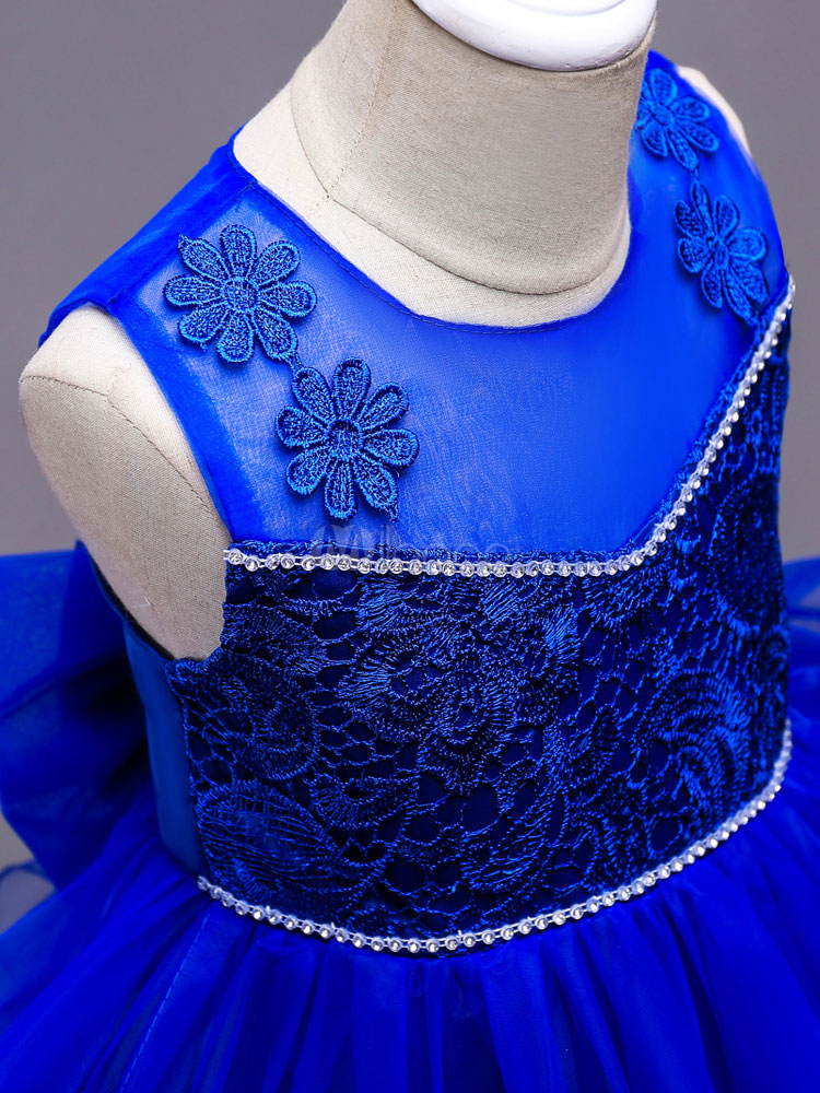 Flower Girl Dresses Lace Tulle Tutu Dress Blue Bows Applique Short ...