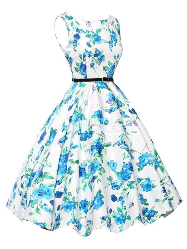 Vintage Floral Dresses Round Neck Sleeveless Swing Dress For Women ...