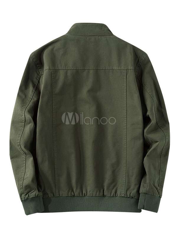 Men Military Jacket Hunter Green Canvas Jacket Stand Collar Long Sleeve