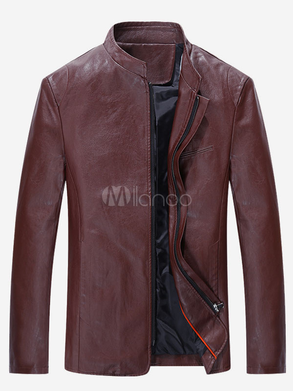 Burgundy Leather Jacket Men Jacket Stand Collar Long Sleeve Zip Up
