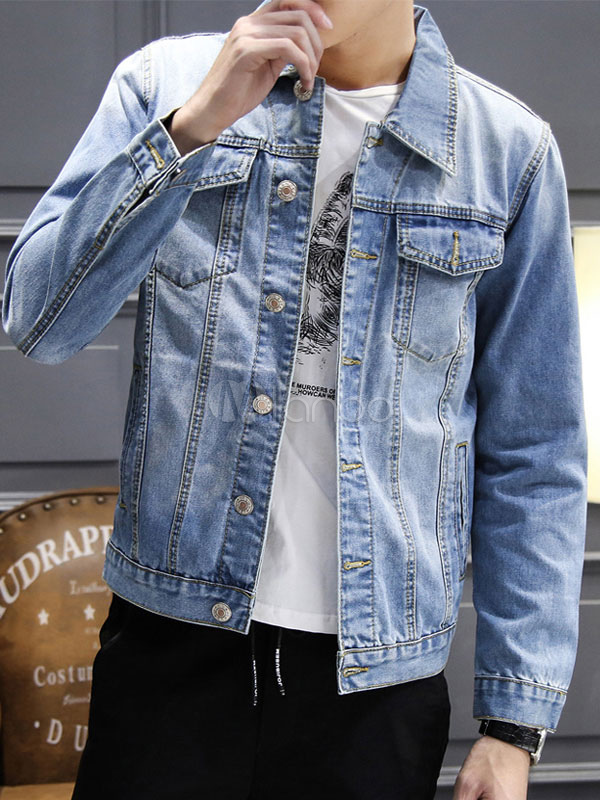 Men Denim Jacket Light Blue Turndown Collar Long Sleeve Short Jacket ...