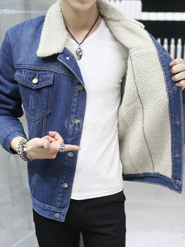 jaqueta jeans com lã de carneiro masculina