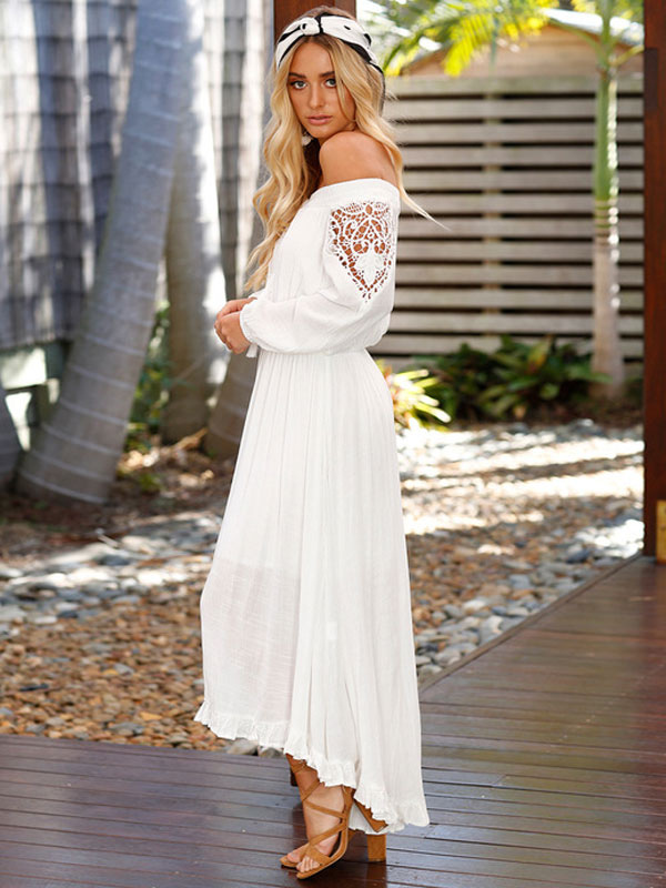 White Long Dress Boho Lace Off The Shoulder Long Sleeve High Low Maxi Dress For Women 4600