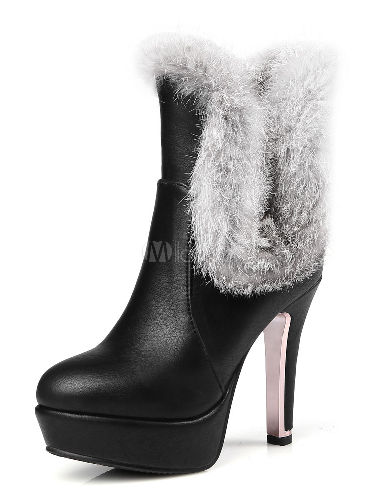 White Winter Boots Round Toe Faux Fur Detail High Heel Boots Women ...