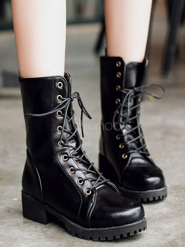 Women Combat Boots Brown Lace Up Boots Round Toe Chunky Heel Ankle ...