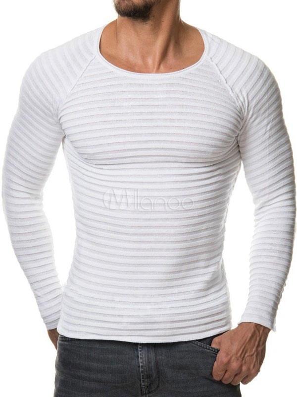 White Pullover Sweater Men Sweater Round Neck Long Sleeve Slim Fit ...