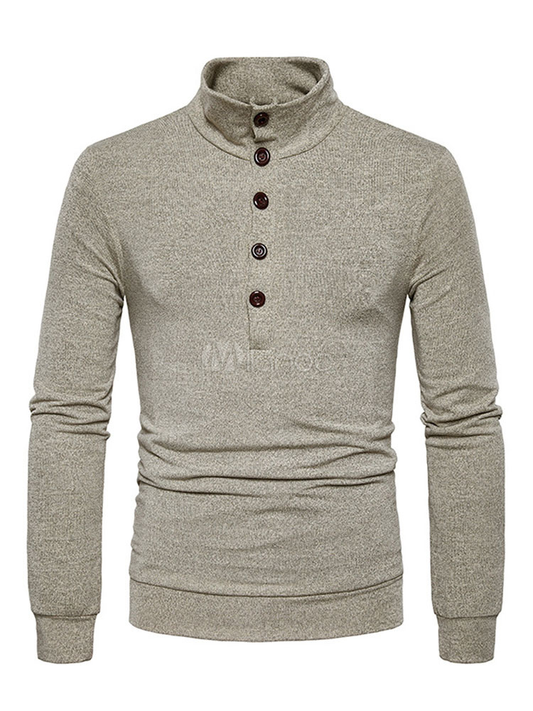 Khaki Pullover Sweater Men Sweater Stand Collar Long Sleeve Regular Fit ...