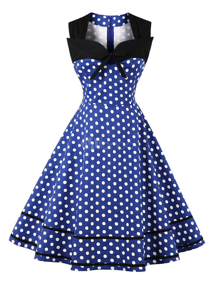 Vestiti Anni 50 donna Abiti Bianco abiti anni 50 a pois Cocktail Abito fiocchi cotone smanicato