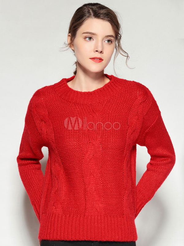 Red Sweater Long Sleeve Round Neck Knit Top For Women - Milanoo.com