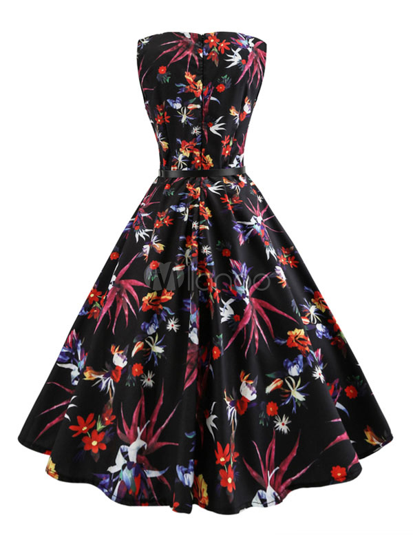 Robe subtile vintage noire rétro imprimé fleurie imprimé fleurie col