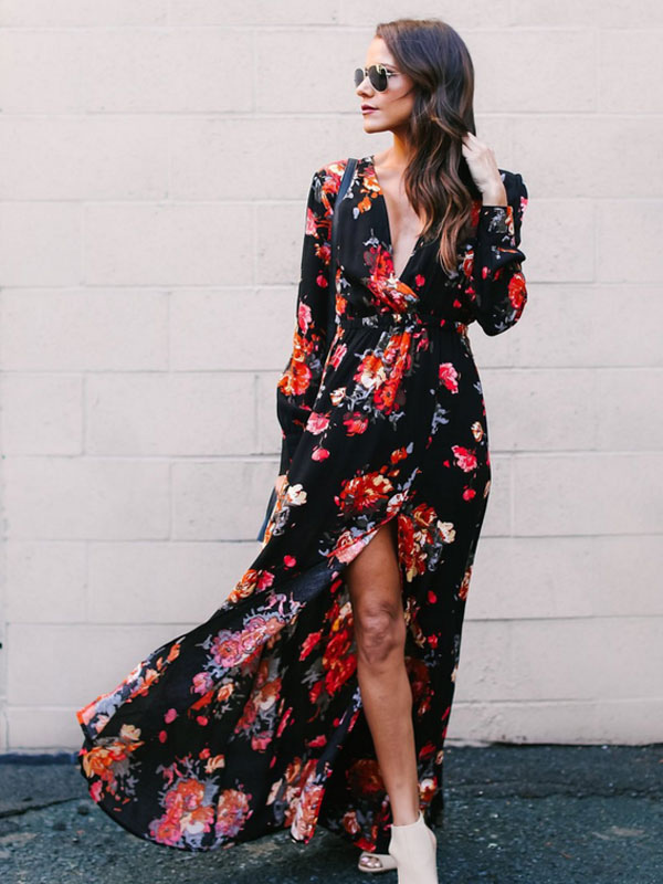 long sleeve floral tea dress