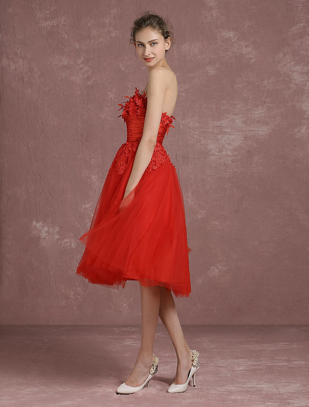Vestido moderno de cóctel rojo con escote palabra de de encaje - Milanoo.com