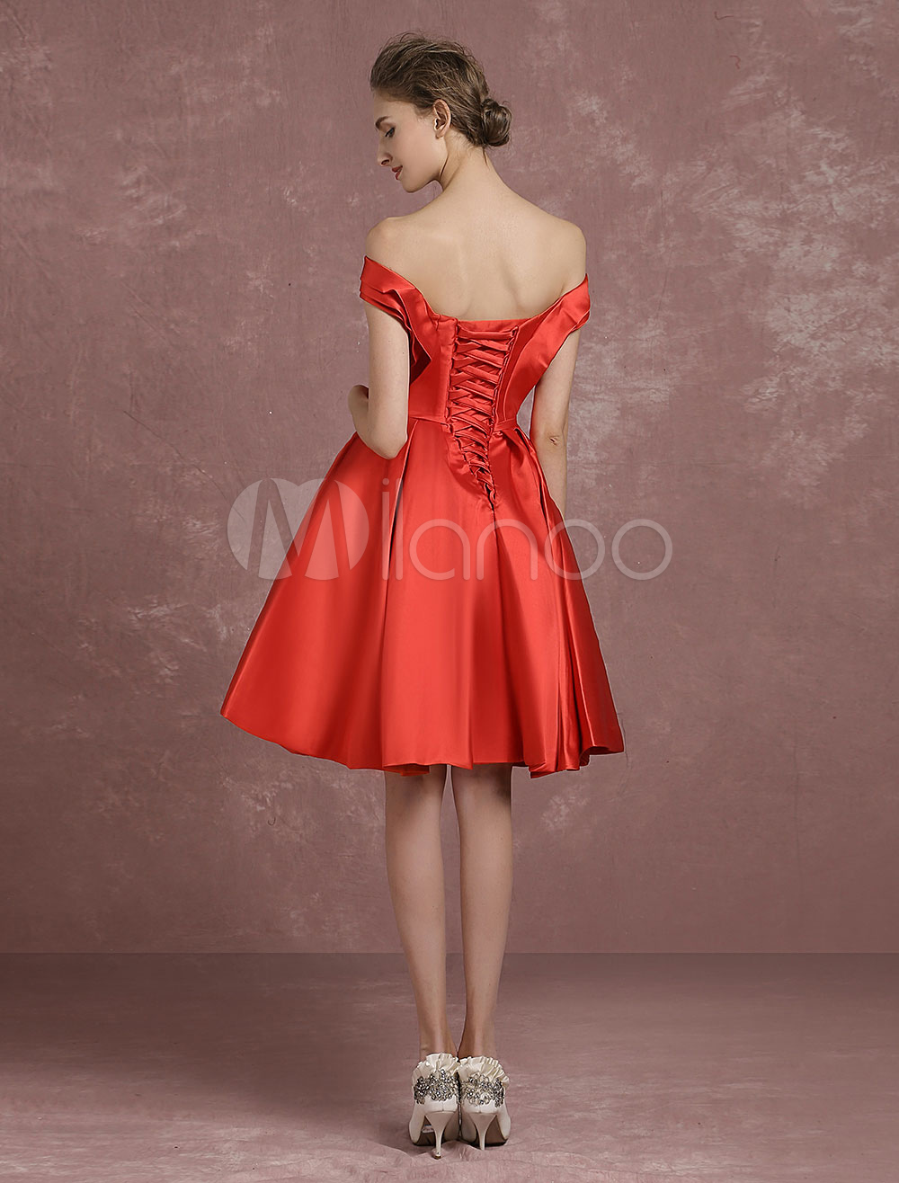 Off The Shoulder Cocktail Dress Red Satin Homecoming Dress Ruched A ...