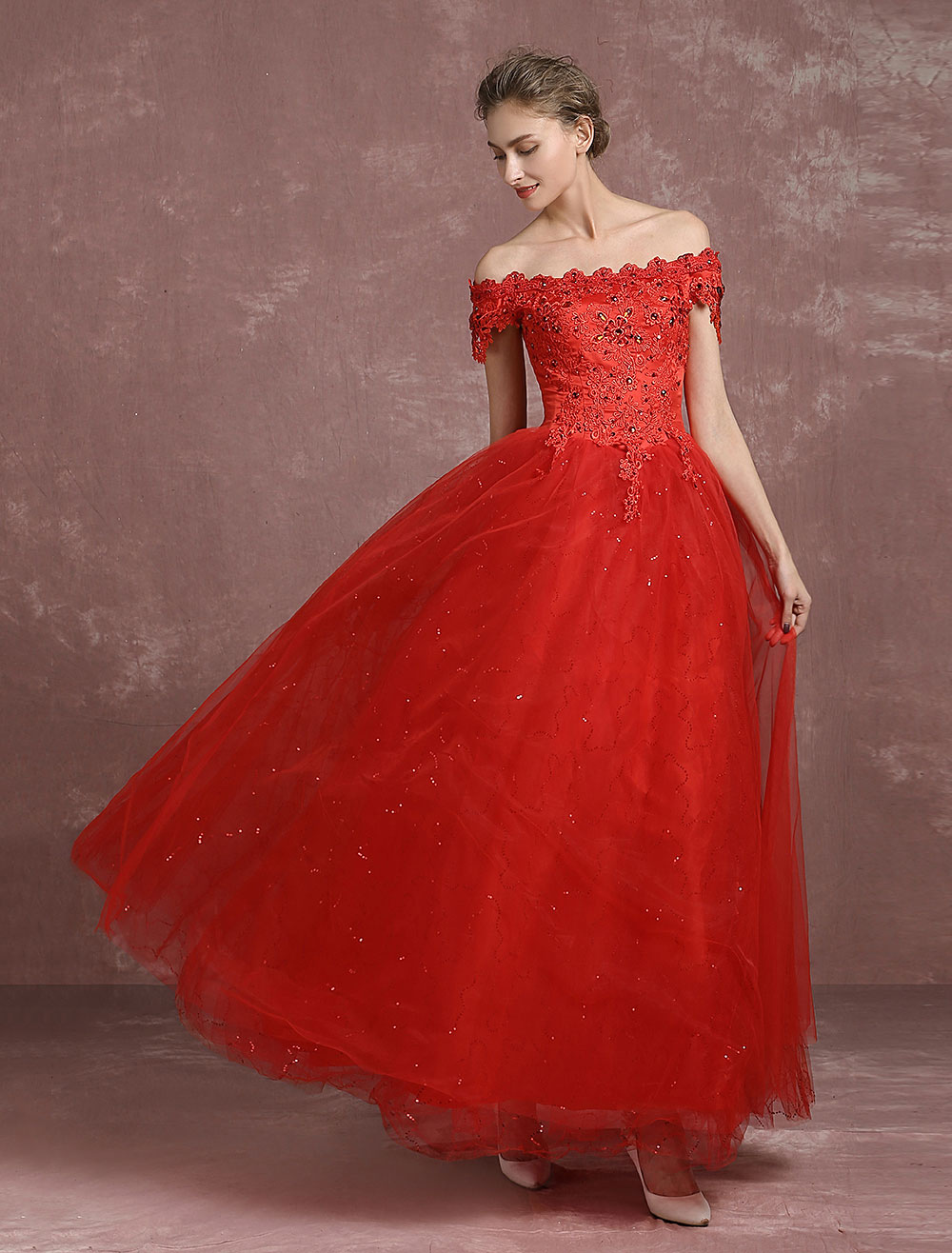 Boda Vestidos de novia | Vestido de novia rojo hombro caído hasta el suelo estilo princesa De banda de encaje Jardín - UF66460
