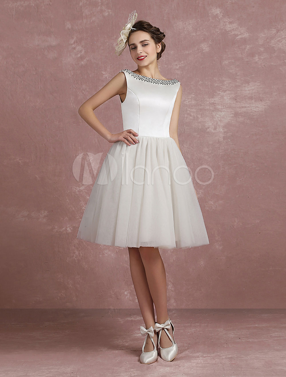 Short Wedding Dress Bateau Beading Tulle A-Line Knee-Length Bridal ...